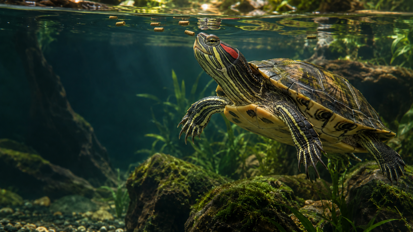 Freshwater turtle swimming toward floating food pellets