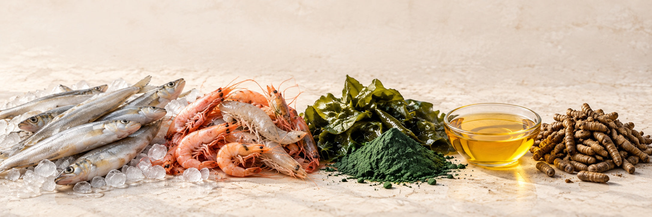 Pacific Whiting, krill and shrimp, kelp and spirulina, fish oil, and insect larvae photographed together