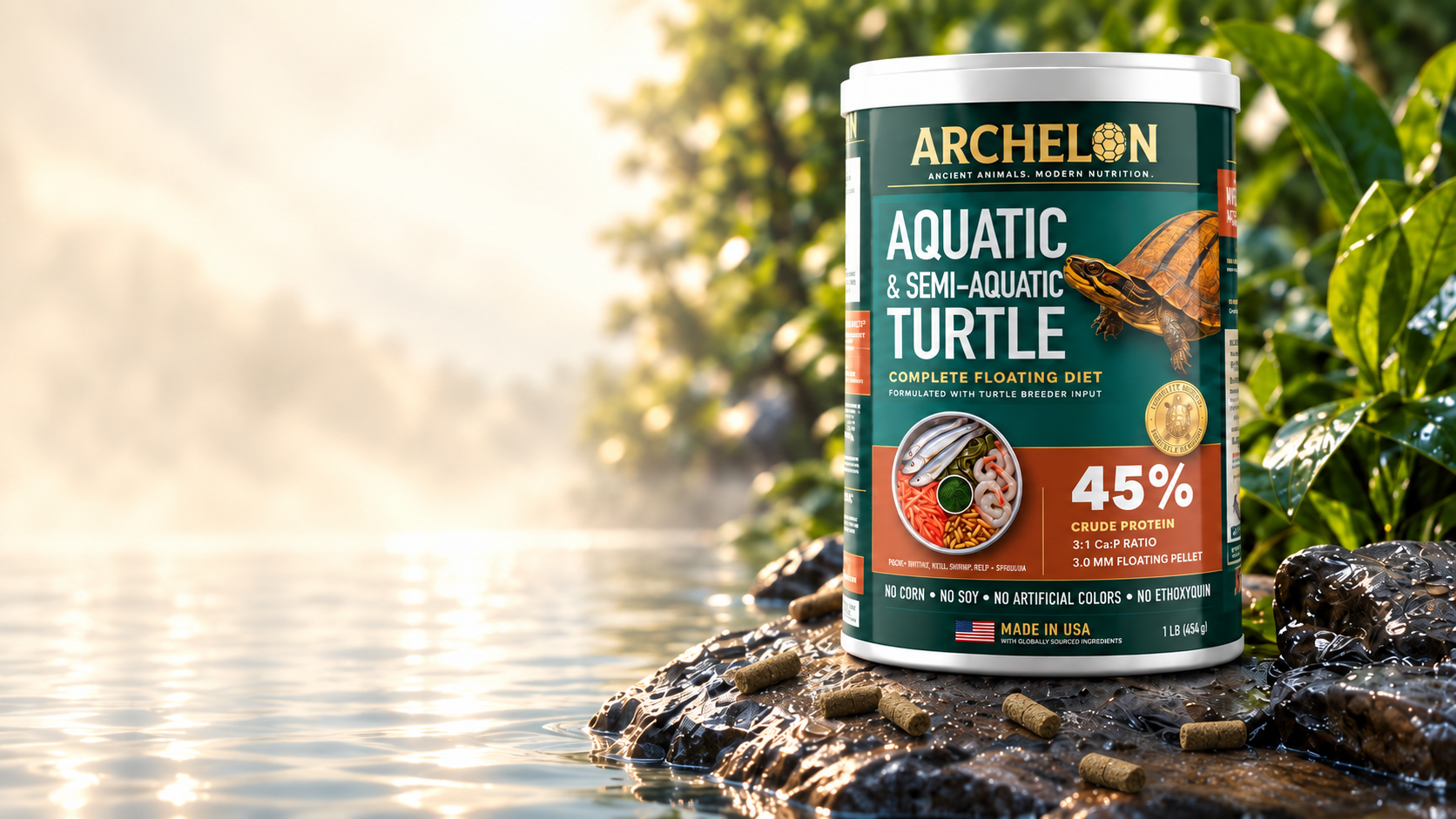 Archelon canister photographed on a mossy rock beside freshwater