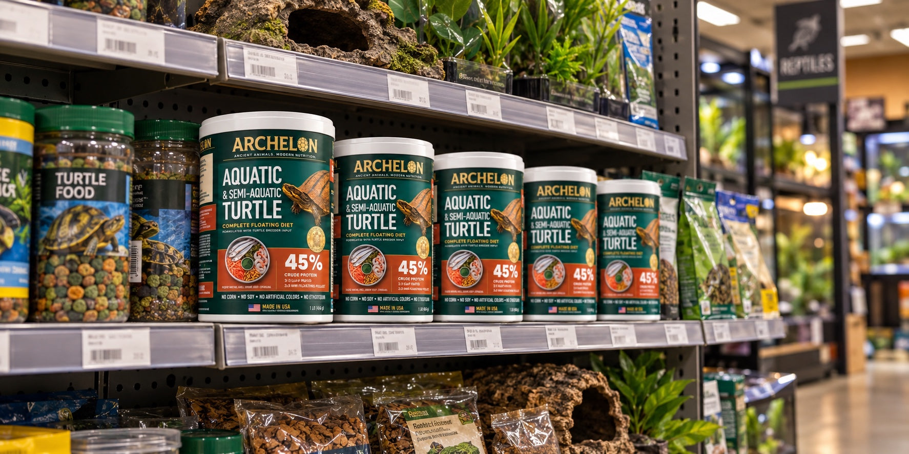 Archelon canisters photographed together on a specialty pet store shelf